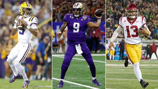 Jayden Daniels bounces with the ball; Michael Penix Jr. throws with one arm; Caleb Williams runs with the ball